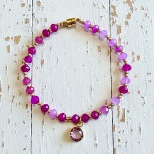 Dainty Barbie Pink Quartz & Gold Filled Beaded Bracelet with Pink Crystal Charm
